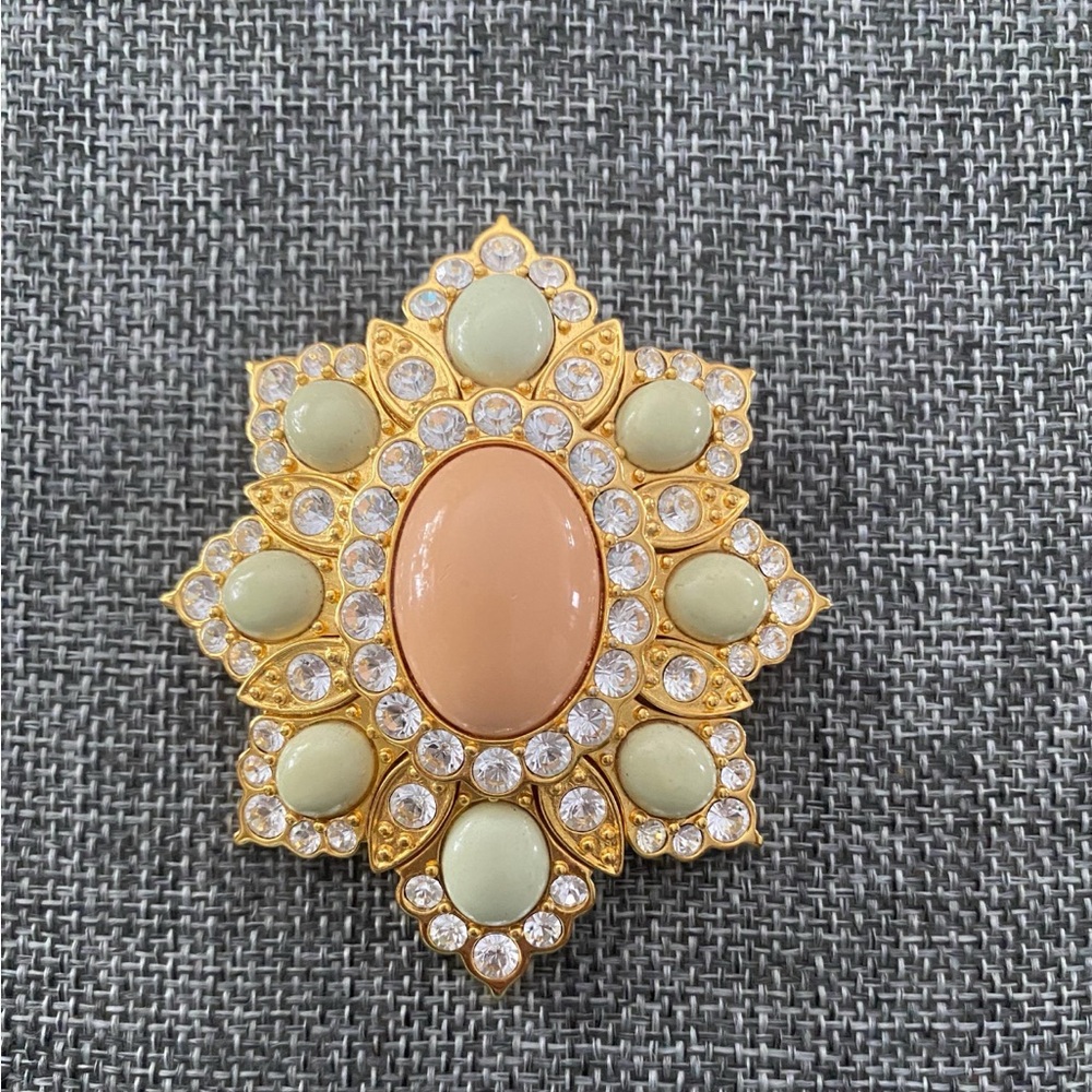 Vintage Joan Rivers Pastel Pink Green Cabochon Rhinestones Gold Tone Brooch Pin